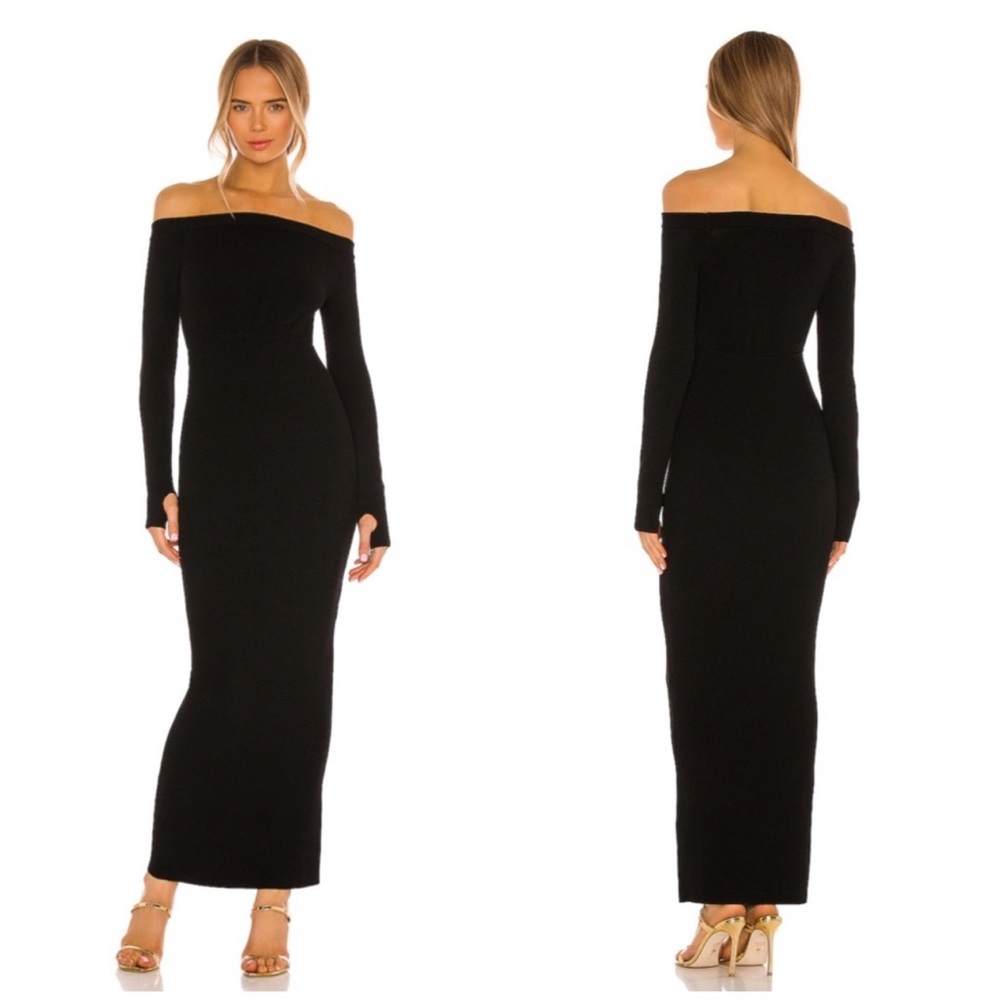Michael Costello X Revolve Black Off Shoulder Long Sleeve Ribbed Maxi Size Small